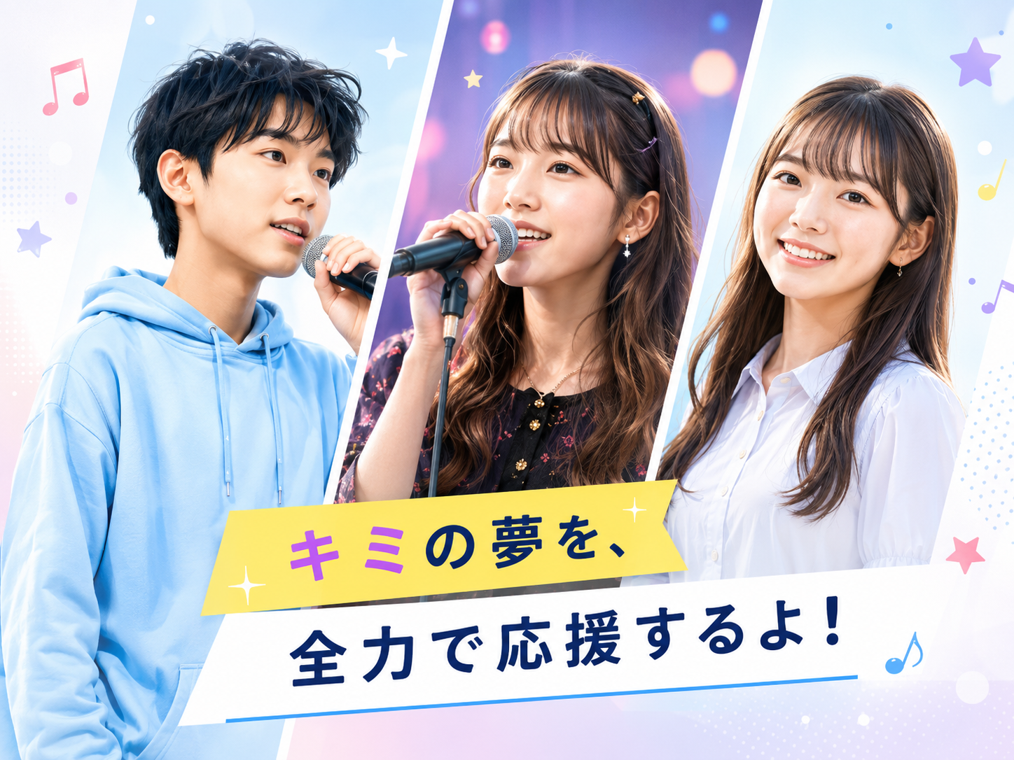 歌唱、モデル、オーディションを表現した3人の人物ビジュアル